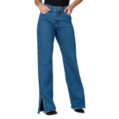 Calça Feminina Stabulos Jeans Azul Wide Leg Básica Reta Abertura Na Barra Ref: STB528