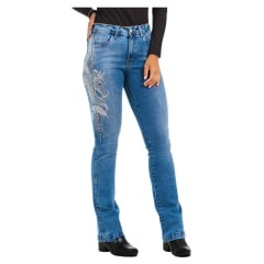 Calça Feminina Stabulos Jeans Delavê Com Bordado Horse, Floral E Brilho De Strass Bootcut REF: STB382