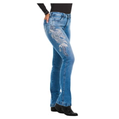 Calça Feminina Stabulos Jeans Delavê Com Bordado Horse, Floral E Brilho De Strass Bootcut REF: STB382