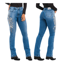 Calça Feminina Stabulos Jeans Delavê Com Bordado Horse, Floral E Brilho De Strass Bootcut REF: STB382