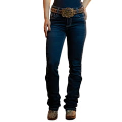 Calça Feminina Texas Farm Jeans Azul Escuro Blue Ranch Bootcut Com Bordado Branco Nos Bolsos Ref:PFD054
