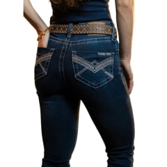 Calça Feminina Texas Farm Jeans Azul Escuro Blue Ranch Bootcut Com Bordado Branco Nos Bolsos Ref:PFD054