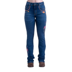 Calça Feminina Texas Farm Jeans Azul Stonado Flare Vitality Com Bordados De Pena Em Rosa Ref:PDF046