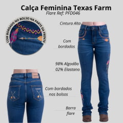 Calça Feminina Texas Farm Jeans Azul Stonado Flare Vitality Com Bordados De Pena Em Rosa Ref:PDF046