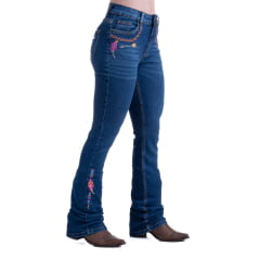 Calça Feminina Texas Farm Jeans Azul Stonado Flare Vitality Com Bordados De Pena Em Rosa Ref:PDF046