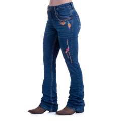 Calça Feminina Texas Farm Jeans Azul Stonado Flare Vitality Com Bordados De Pena Em Rosa Ref:PDF046