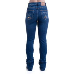 Calça Feminina Texas Farm Jeans Azul Stonado Flare Vitality Com Bordados De Pena Em Rosa Ref:PDF046