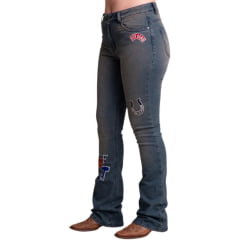 Calça Feminina Texas Farm Jeans Heritage Azul Manchado Bootcut Com Bordado Ref:PDF049