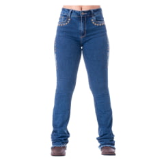 Calça Feminina Texas Farm Jeans Spur Bordado C/ Símbolos Em Crú E Bege Barra Flare Desfiada REF: PDF036