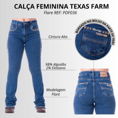 Calça Feminina Texas Farm Jeans Spur Bordado C/ Símbolos Em Crú E Bege Barra Flare Desfiada REF: PDF036