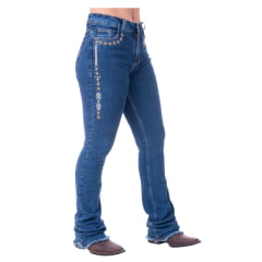 Calça Feminina Texas Farm Jeans Spur Bordado C/ Símbolos Em Crú E Bege Barra Flare Desfiada REF: PDF036