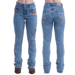 Calça Feminina Texas Farm Jeans Stonado Flare Com Bordado De Penas Vitality Umber Ref:PFD047