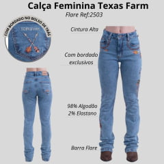 Calça Feminina Texas Farm Jeans Stonado Flare Com Bordado De Penas Vitality Umber Ref:PFD047