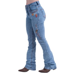 Calça Feminina Texas Farm Jeans Stonado Flare Com Bordado De Penas Vitality Umber Ref:PFD047