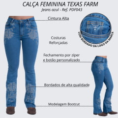 Calça Feminina Texas Farm Jeans Texan Line Azul Bootcut Com Bordado Ref: PDF043