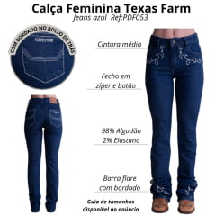 Calça Feminina Texas Farm String Jeans Azul Escuro Com Bordados Em Bege Ref:PDF053