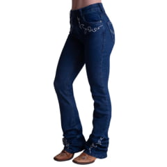 Calça Feminina Texas Farm String Jeans Azul Escuro Com Bordados Em Bege Ref:PDF053