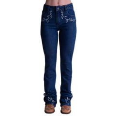 Calça Feminina Texas Farm String Jeans Azul Escuro Com Bordados Em Bege Ref:PDF053