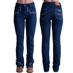 Calça Feminina Texas Farm String Jeans Azul Escuro Com Bordados Em Bege Ref:PDF053