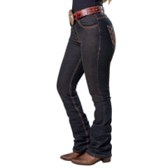 Calça Feminina Texas Farm Tartan Jeans Azul Escuro Bootcut Com Bordado Nos Bolsos Ref:PDF059