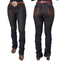 Calça Feminina Texas Farm Tartan Jeans Azul Escuro Bootcut Com Bordado Nos Bolsos Ref:PDF059