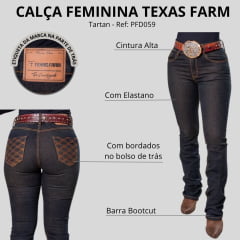 Calça Feminina Texas Farm Tartan Jeans Azul Escuro Bootcut Com Bordado Nos Bolsos Ref:PDF059