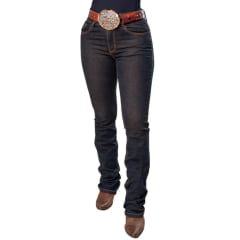 Calça Feminina Texas Farm Tartan Jeans Azul Escuro Bootcut Com Bordado Nos Bolsos Ref:PDF059