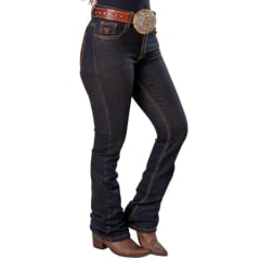 Calça Feminina Texas Farm Tartan Jeans Azul Escuro Bootcut Com Bordado Nos Bolsos Ref:PDF059