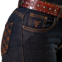 Calça Feminina Texas Farm Tartan Jeans Azul Escuro Bootcut Com Bordado Nos Bolsos Ref:PDF059