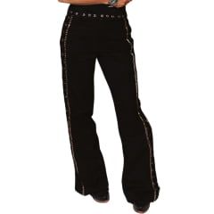 Calça Feminina Turkese Hot Country Black Flare Ilhós E Tiras Em Couro E Chatons Prata Ref:CA07605