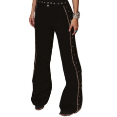Calça Feminina Turkese Hot Country Black Flare Ilhós E Tiras Em Couro E Chatons Prata Ref:CA07605