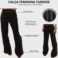 Calça Feminina Turkese Hot Country Black Flare Ilhós E Tiras Em Couro E Chatons Prata Ref:CA07605