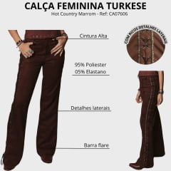 Calça Feminina Turkese Hot Country Brown Flare Ilhós E Tiras Em Couro E Chatons Dourados Ref:CA07606