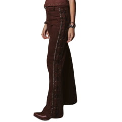 Calça Feminina Turkese Hot Country Brown Flare Ilhós E Tiras Em Couro E Chatons Dourados Ref:CA07606