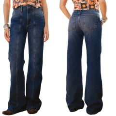 Calça Feminina Turkese Jeans Kacey Wide Leg Azul Médio Com Barra Larga Ref:CA06601