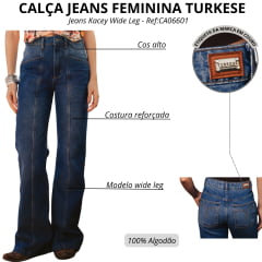Calça Feminina Turkese Jeans Kacey Wide Leg Azul Médio Com Barra Larga Ref:CA06601