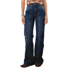 Calça Feminina Turkese Jeans Kacey Wide Leg Azul Médio Com Barra Larga Ref:CA06601