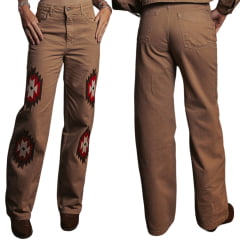 Calça Feminina Turkese Sundance Bege Escuro Reta Bordado Marrom/Vermelho E Branco Ref:CA07601
