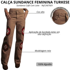 Calça Feminina Turkese Sundance Bege Escuro Reta Bordado Marrom/Vermelho E Branco Ref:CA07601