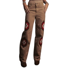 Calça Feminina Turkese Sundance Bege Escuro Reta Bordado Marrom/Vermelho E Branco Ref:CA07601