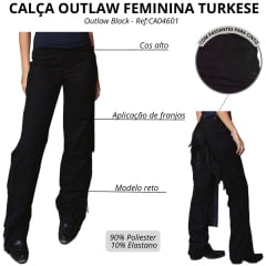 Calça Feminina Turkese Outlaw Black Tecido Preto Com Franjas E Zíper Na Lateral Ref:CA04601