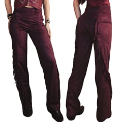 Calça Feminina Turkese Outlaw Tecido Bordô Barra Reta Com Franjas Na Lateral Ref:CA06602