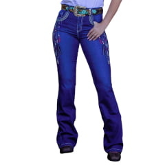 Calça Feminina West Dust Jeans Azul Escuro Bootcut Com Bordado De Penas E Brilho Ref: CL28165