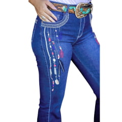 Calça Feminina West Dust Jeans Azul Escuro Bootcut Com Bordado De Penas E Brilho Ref: CL28165