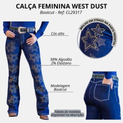 Calça Feminina West Dust Jeans Azul Escuro Juju Com Bordado De Estrelas Com Brilho Bootcut REF: CL29317