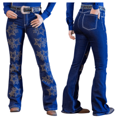 Calça Feminina West Dust Jeans Azul Escuro Juju Com Bordado De Estrelas Com Brilho Bootcut REF: CL29317