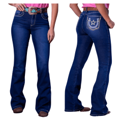 Calça Feminina West Dust Jeans Azul Escuro Kentu Cry Bootcut Bordado E Brilho Bolsos REF: CL29330