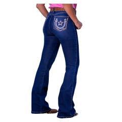 Calça Feminina West Dust Jeans Azul Escuro Kentu Cry Bootcut C/ Bordado E Brilho Bolsos REF: CL29330