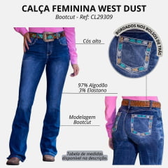 Calça Feminina West Dust Jeans Azul Escuro Manchado Mississipi Bootcut Com Bordado Nos Bolsos Traseiros REF: CL29309