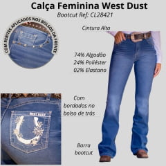 Calça Feminina West Dust Jeans Azul Médio Kansas Bootcut Com Bordado De Ferradura No Bolso Traseiro Ref:CL28421